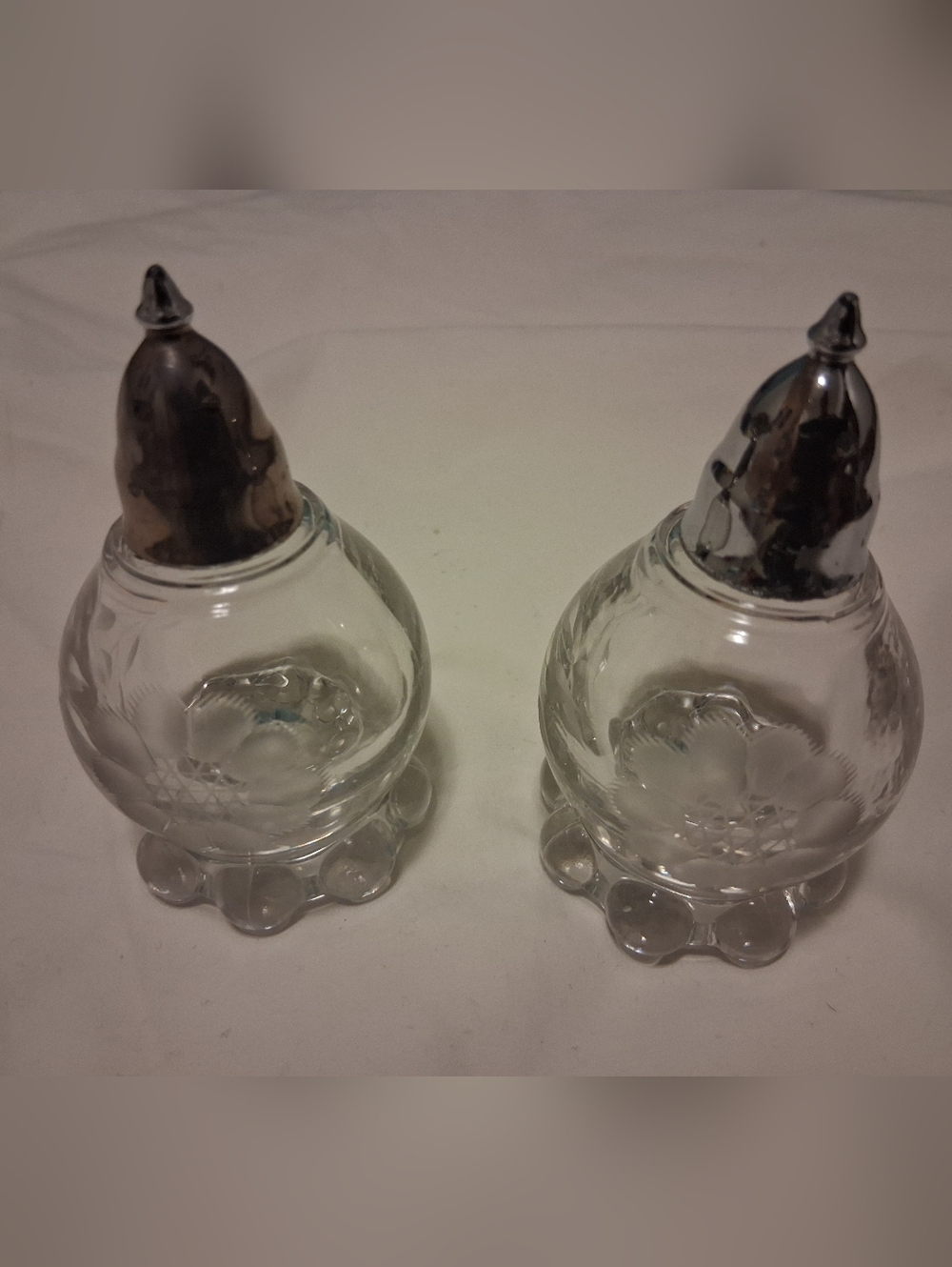 Vintage Clear Glass Floral Etched Salt and Pepper Shakers with Silver-Tone Caps